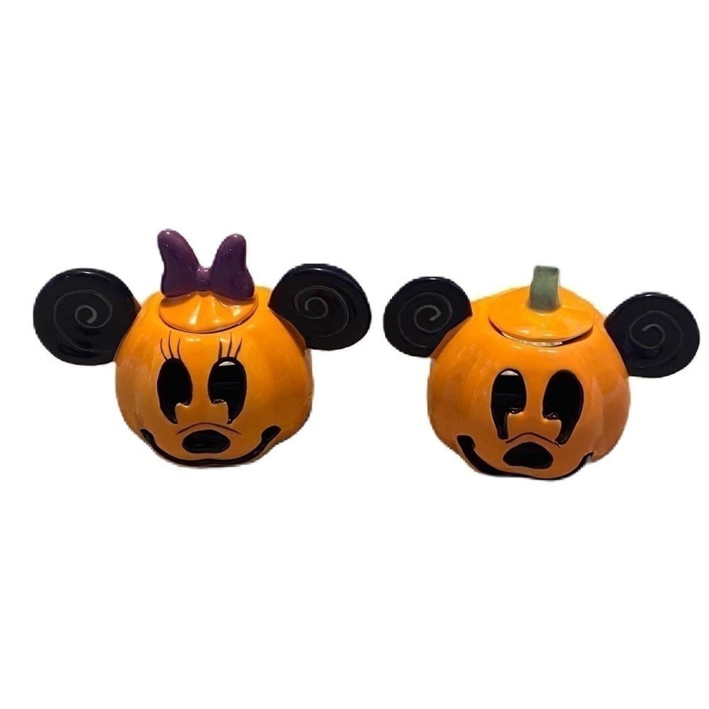 Disney Minnie Mickey Pumpkin Head Small Voltive Candle Holder Set NEW Orange